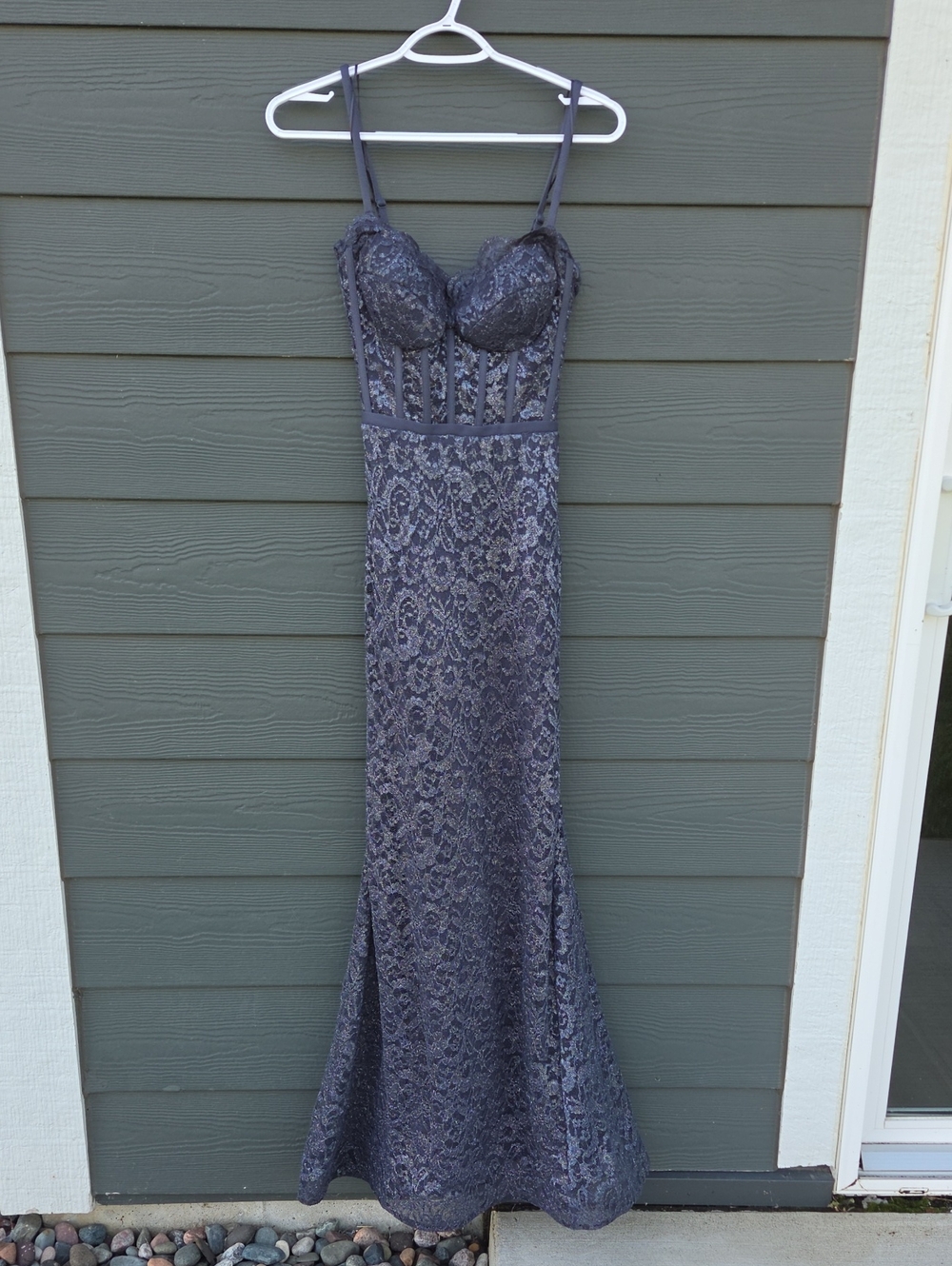 Morgan & Co. Charcoal Lace Mermaid Gown